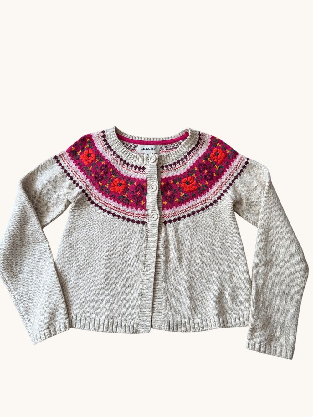 Lands' End Fair Isle Floral Yoke Cardigan Girls Size M 10-12